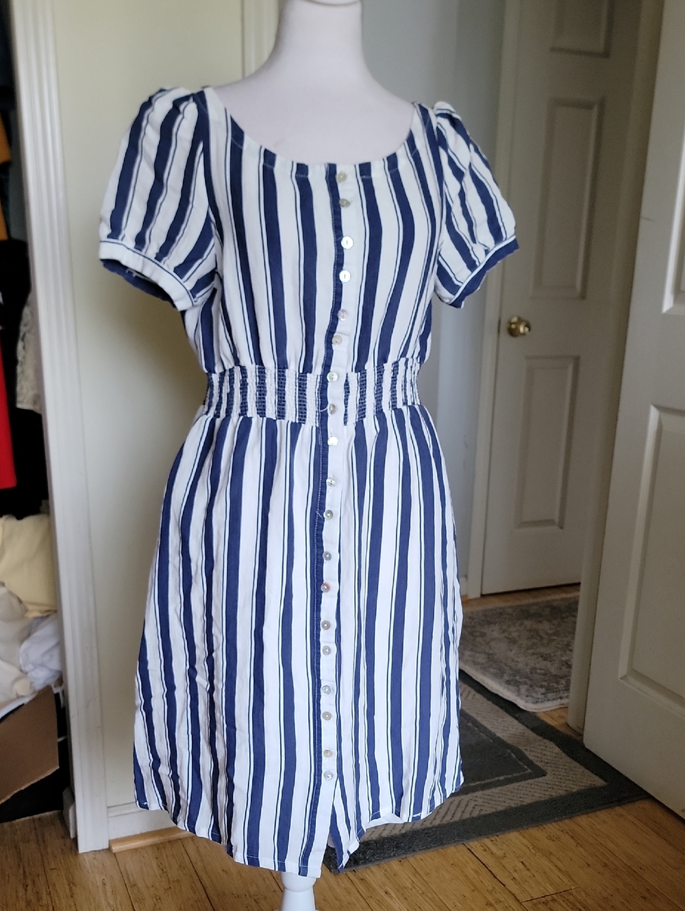 Listicle Blue and White Striped Button-Front Dress